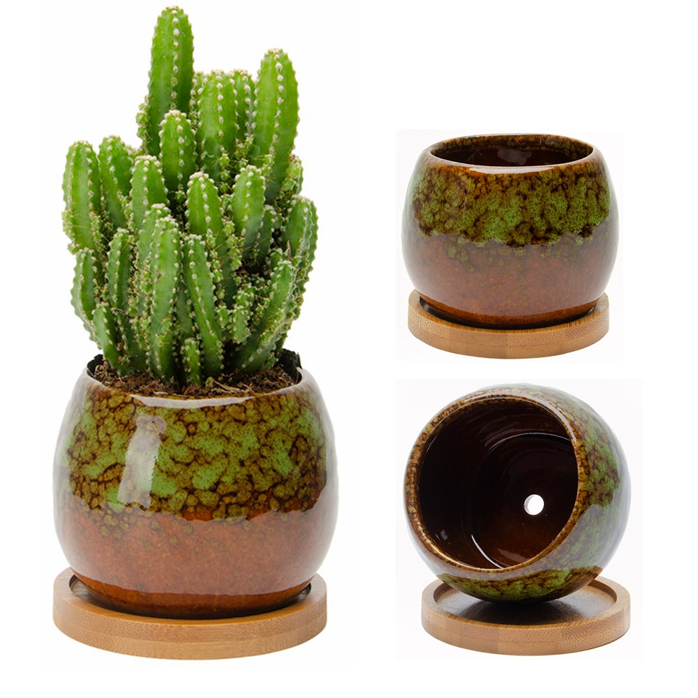 KRALIX Ceramic Small Round Succulent Planters - Round Glazed Pots with Drainage Hole and Bamboo Tray for All House Plants, Cactus, Flower and Herbs - 3 Piece Gift Set (Glossy)