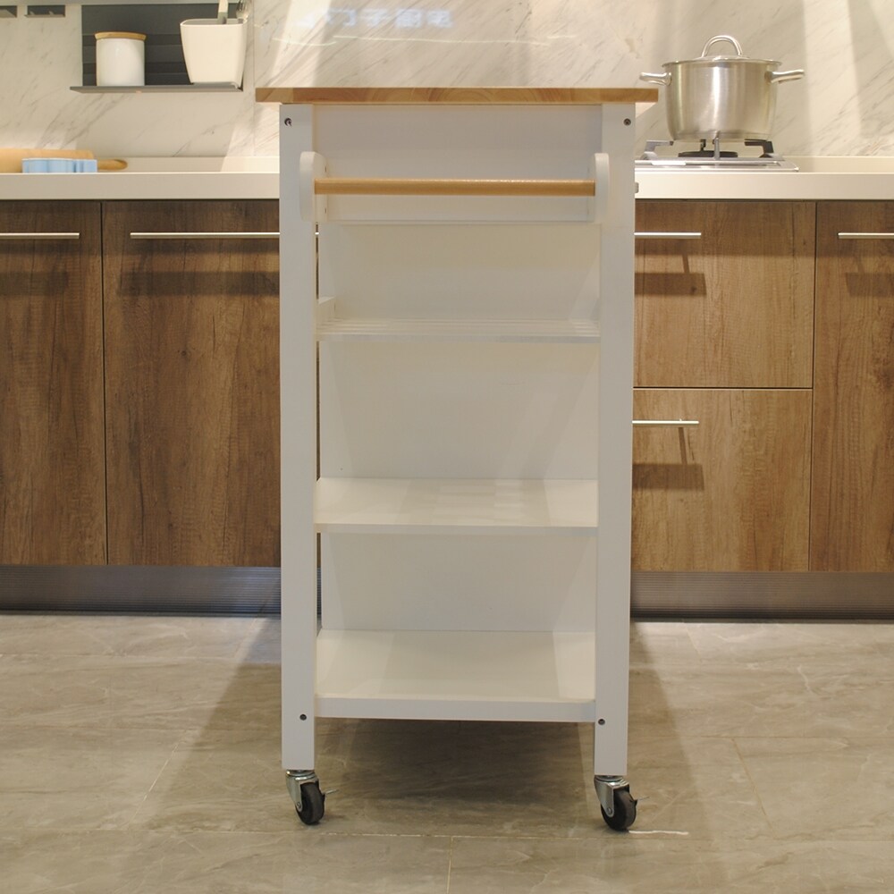 2 tier Open White Shelves Kitchen Island Cart  Movable Kitchen Shelf