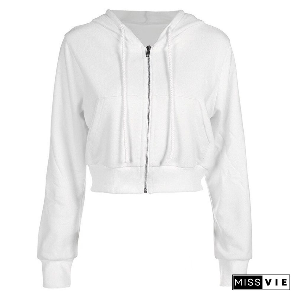 Zip-up Autumn Winter Women Hoodies Pockets Slim Crop Jacket Female Clothes Drawstring White Sexy Hoody Cotton Coats