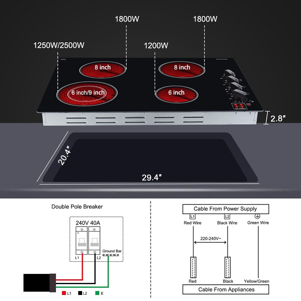 thermomate 30 in. Total 73 000W Built In Electric Cooktop with 4 Burners  Radiant Smooth Surface 240V