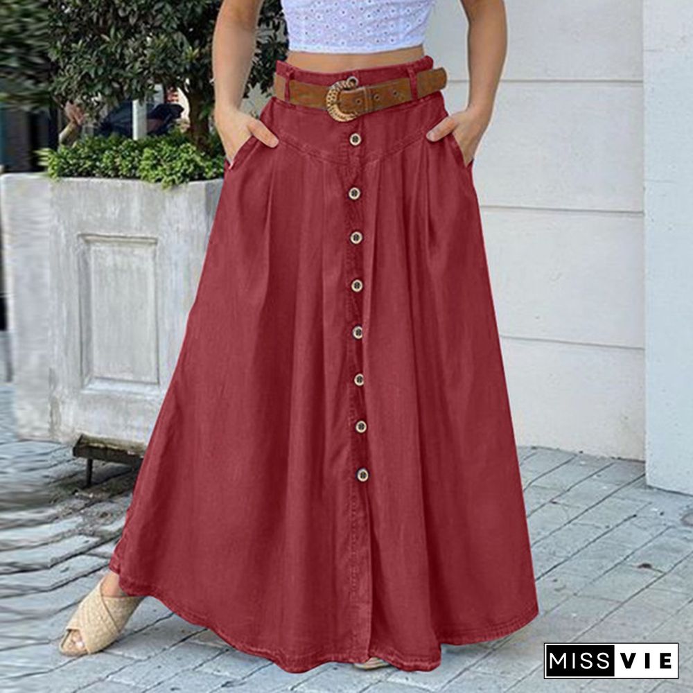 Women Elastic Waist Summer Denim Oversized Baggy Long Skirts Holiday Long Dresses