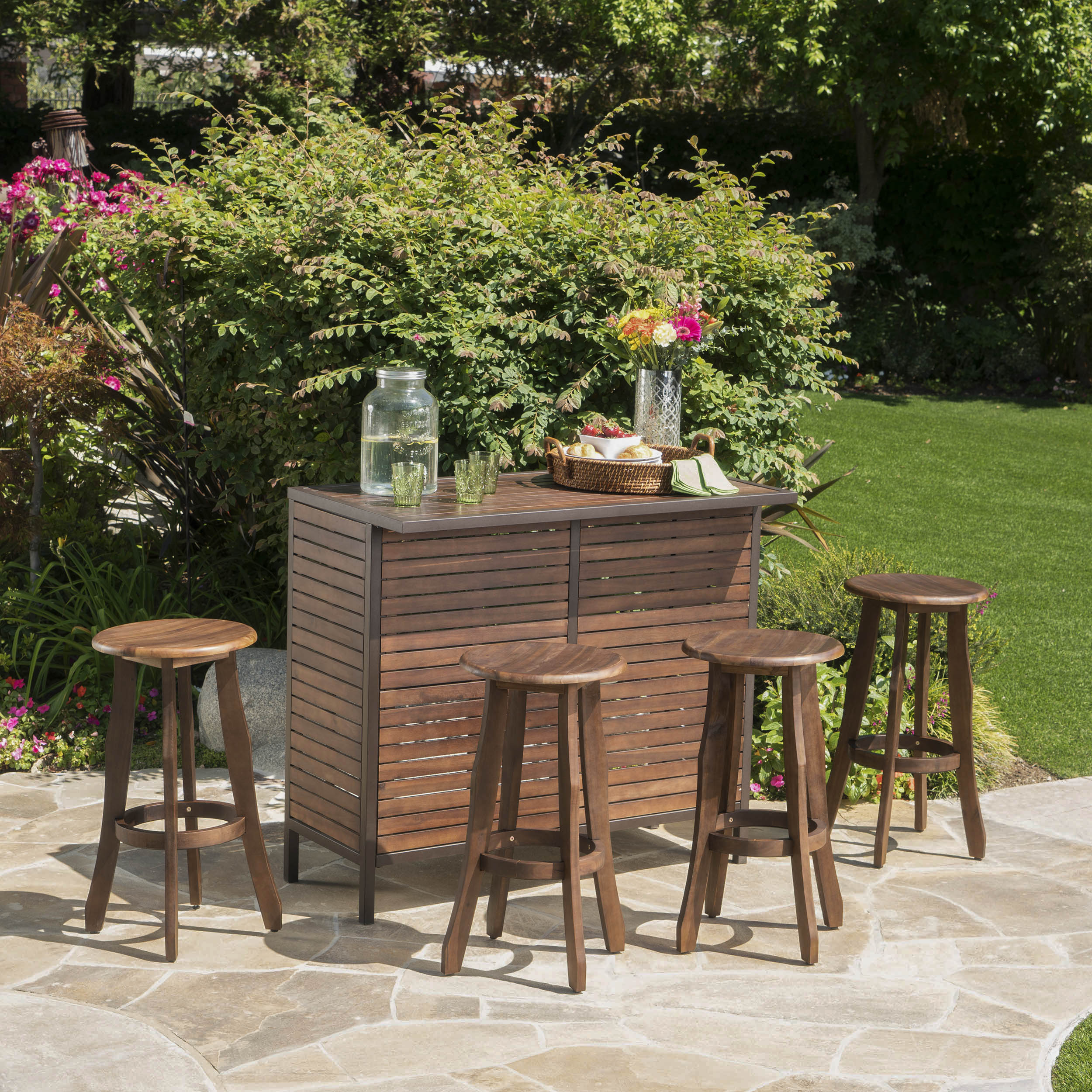 Pierre Outdoor 5 Piece Dark Brown Finished Acacia Wood Bar Set