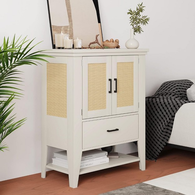 Trinity Accent Cabinet Rattan Buffet Cabinet With Storage Sideboard Cupboard Console Table For Living Room Dining Room Hallway Off White