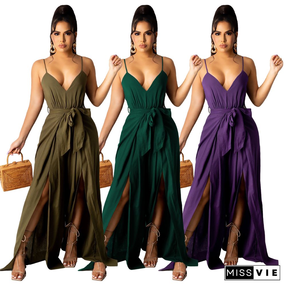 Summer Hot Style Women Elegant Solid Color Deep V Neck Wide Leg Split Spaghetti Strap Bandage Jumpsuit