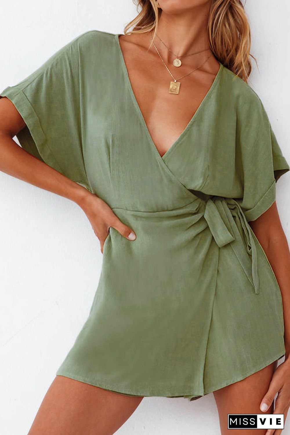 Plain Wrap V Neck Side Sash Romper