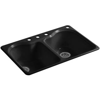 KOHLER Hartland Cast Iron 33 in. 4-Hole Double Bowl Drop-In Kitchen Sink in Black K-5818-4-7