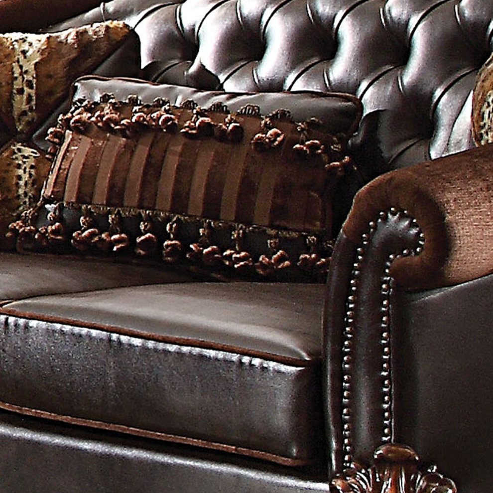 Leatherette Crown Top Loveseat With Pillows And Scrolled Legs  Cherry Brown   Victorian   Loveseats   by VirVentures  Houzz