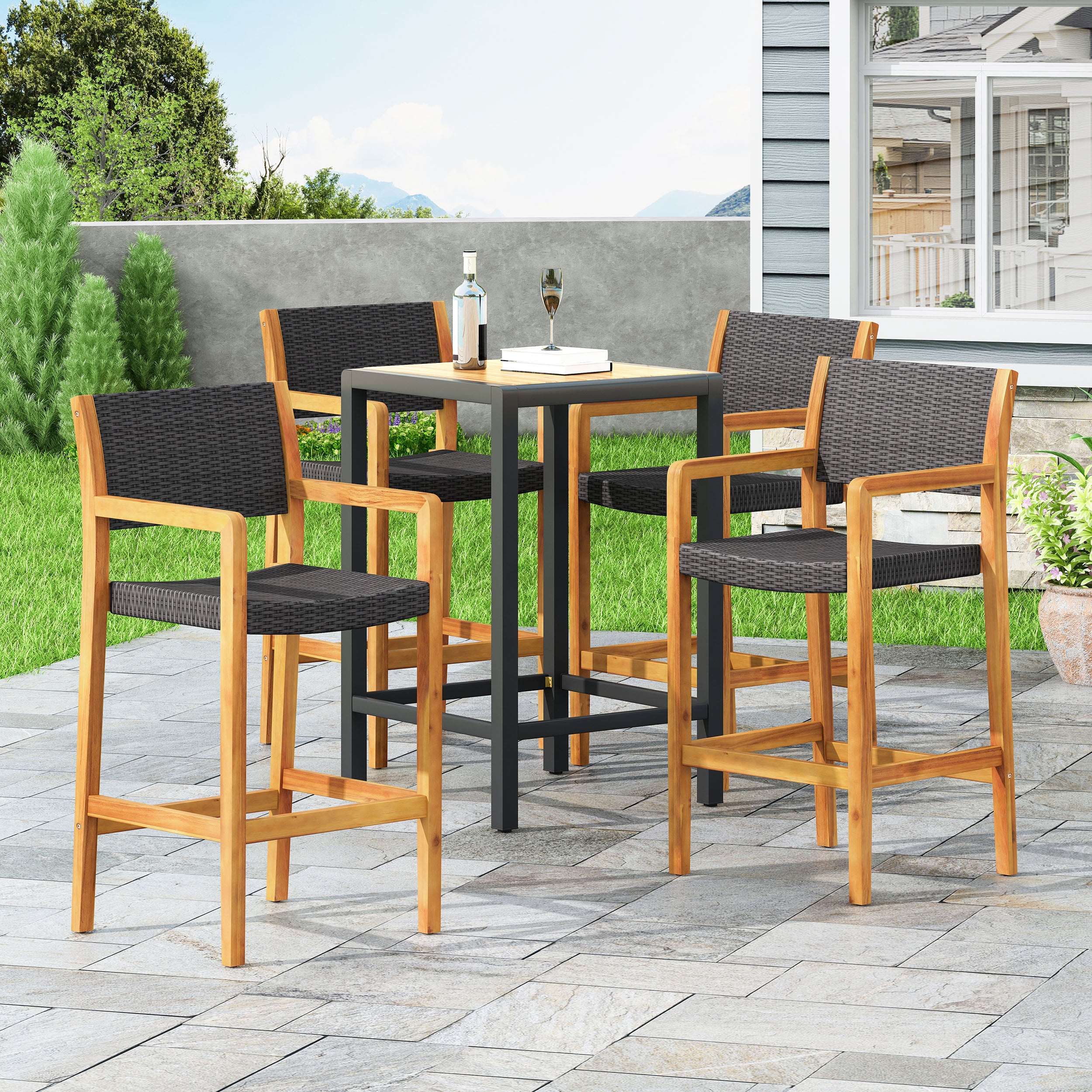 Eliani Outdoor Acacia Wood Barstools with Wicker (Set of 4)