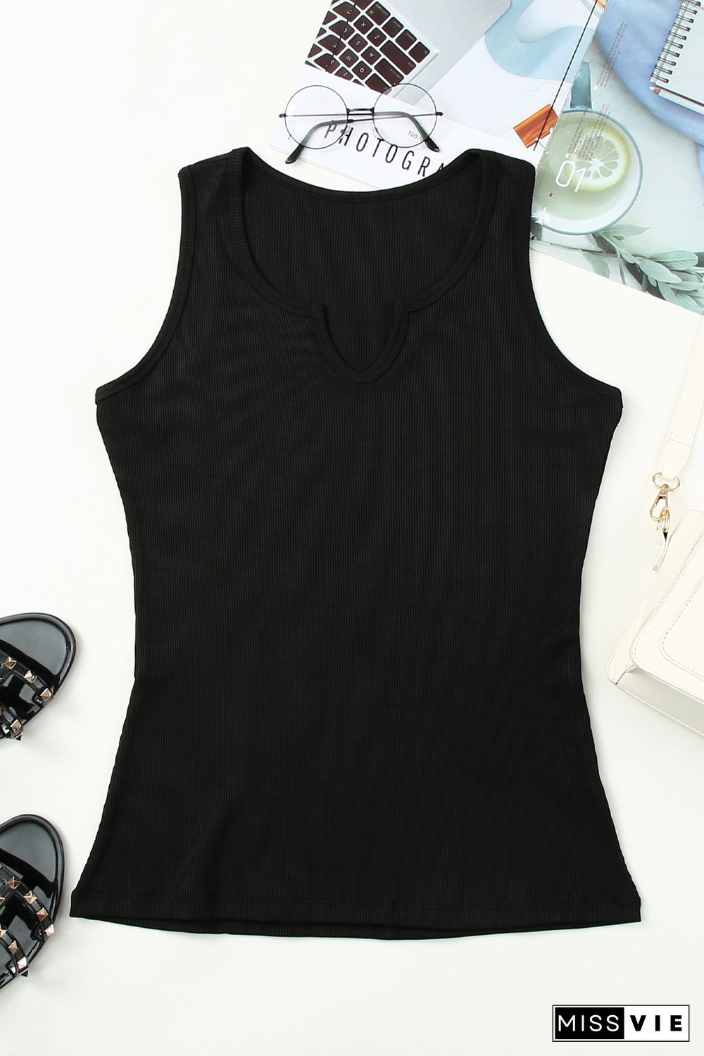 Black Split Neck Ribbed Knit Tank Top