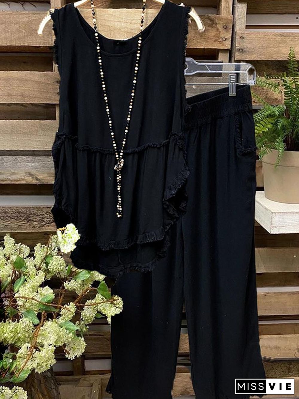 Tassel Sleeveless Top Straight Pants Two-Piece Set