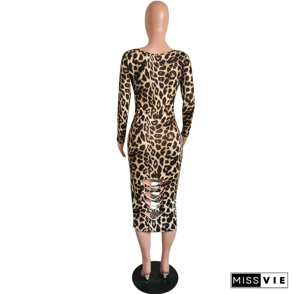 Leopard Print Cut Out U-neck Long Sleeve Dress