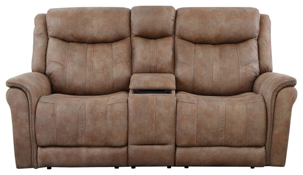 Morrison Camel Brown Faux Suede Leather Power Reclining Console Loveseat   Contemporary   Loveseats   by Homesquare  Houzz