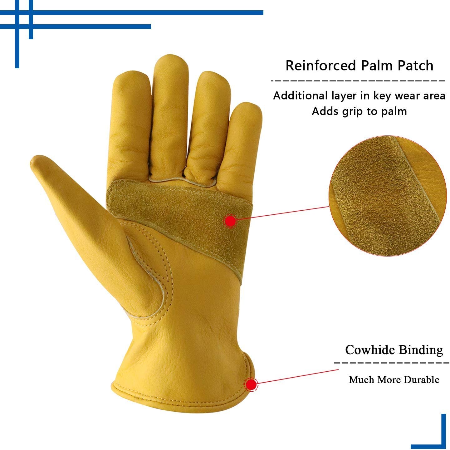 HANDLANDY 2 Pairs Cowhide Leather Work Gloves for Men Women,Adjustable Wrist, Puncture and Cut Resistant, Rigger Glove for Driver, Yardwork, Gardening (Medium, Yellow)