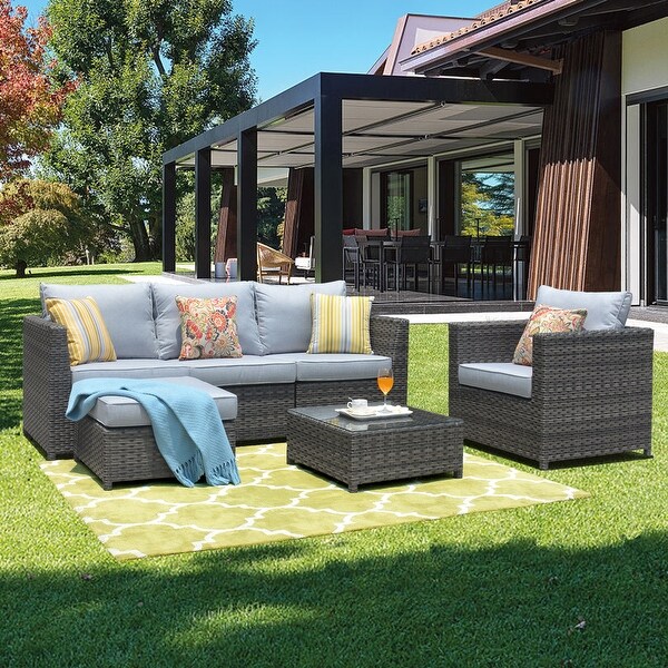 OVIOS Patio Furniture Deep Seat Wicker 6piece Set with Cushions