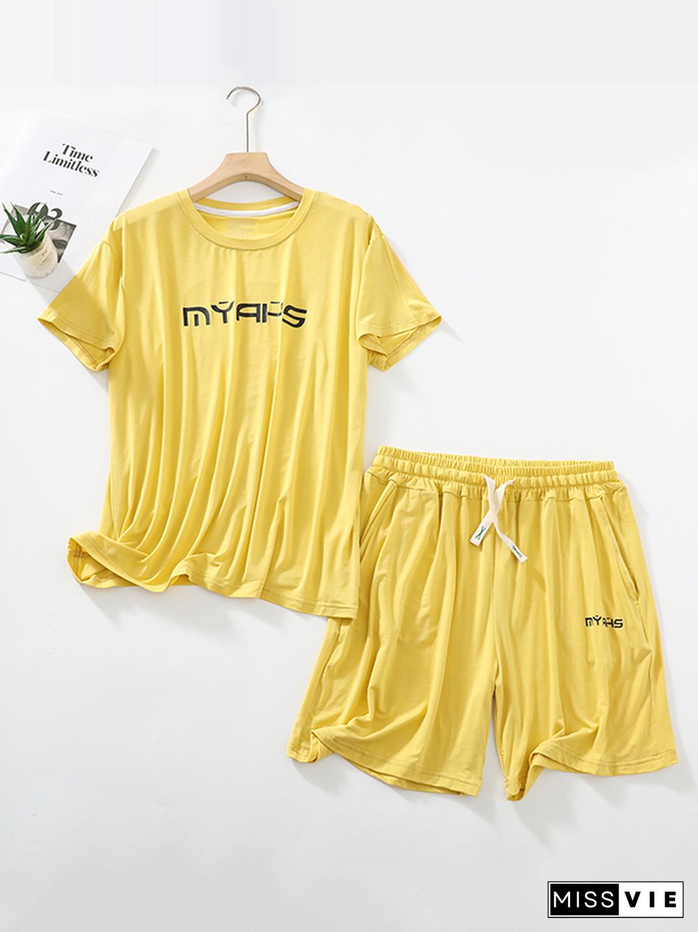 Loose Short Sleeves Round-Neck T-Shirt Top +Drawstring Elasticity Pleated Shorts Pajama Sets