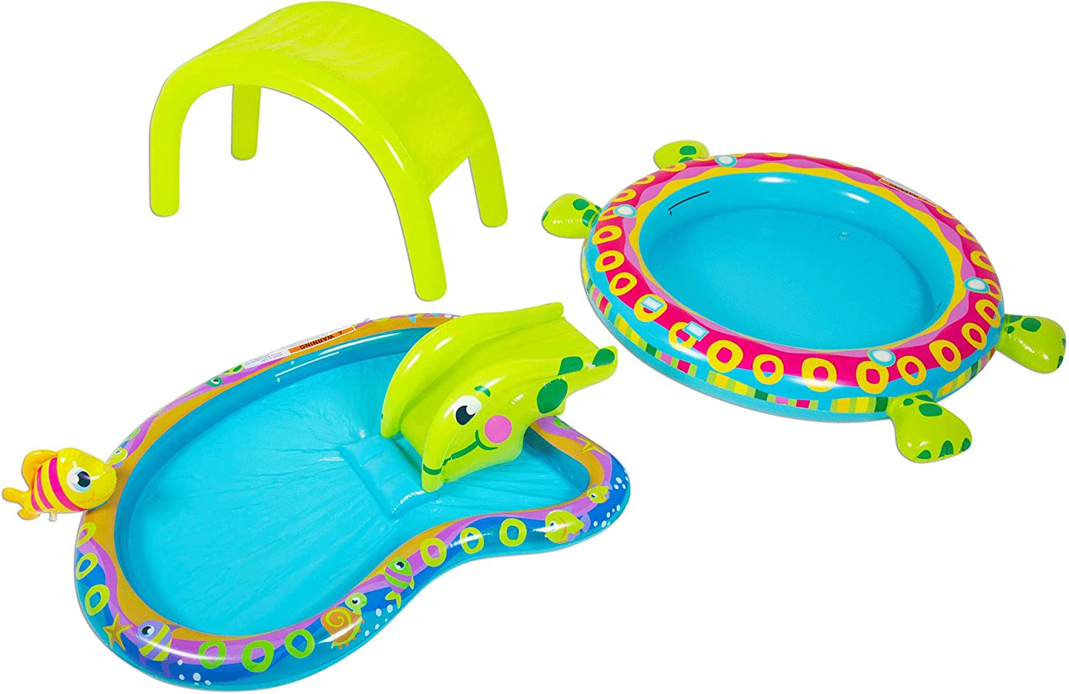 WUGUFD BAN-85319 Shade 'N Slide Turtle Heavy Duty Outdoor Toy Inflatable Kiddie Splash Pool Set with Sprinkler for Children and Kid Backyard Water Fun