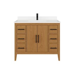 ART BATHE Vienna 42 in. W x 22 in. D Bath Vanity in White Oak Diamond Quartz Top with White Sink Power Bar and Drawer Organizer VA42WO