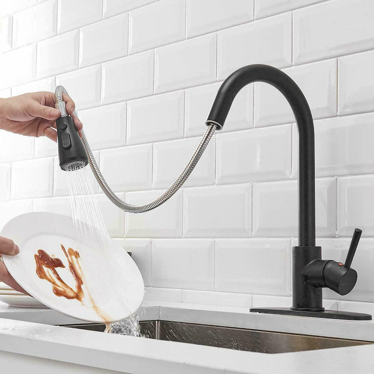 Senlesen Matte Black Kitchen Sink Faucet Pull Out Sprayer 360 Rotation with Cover