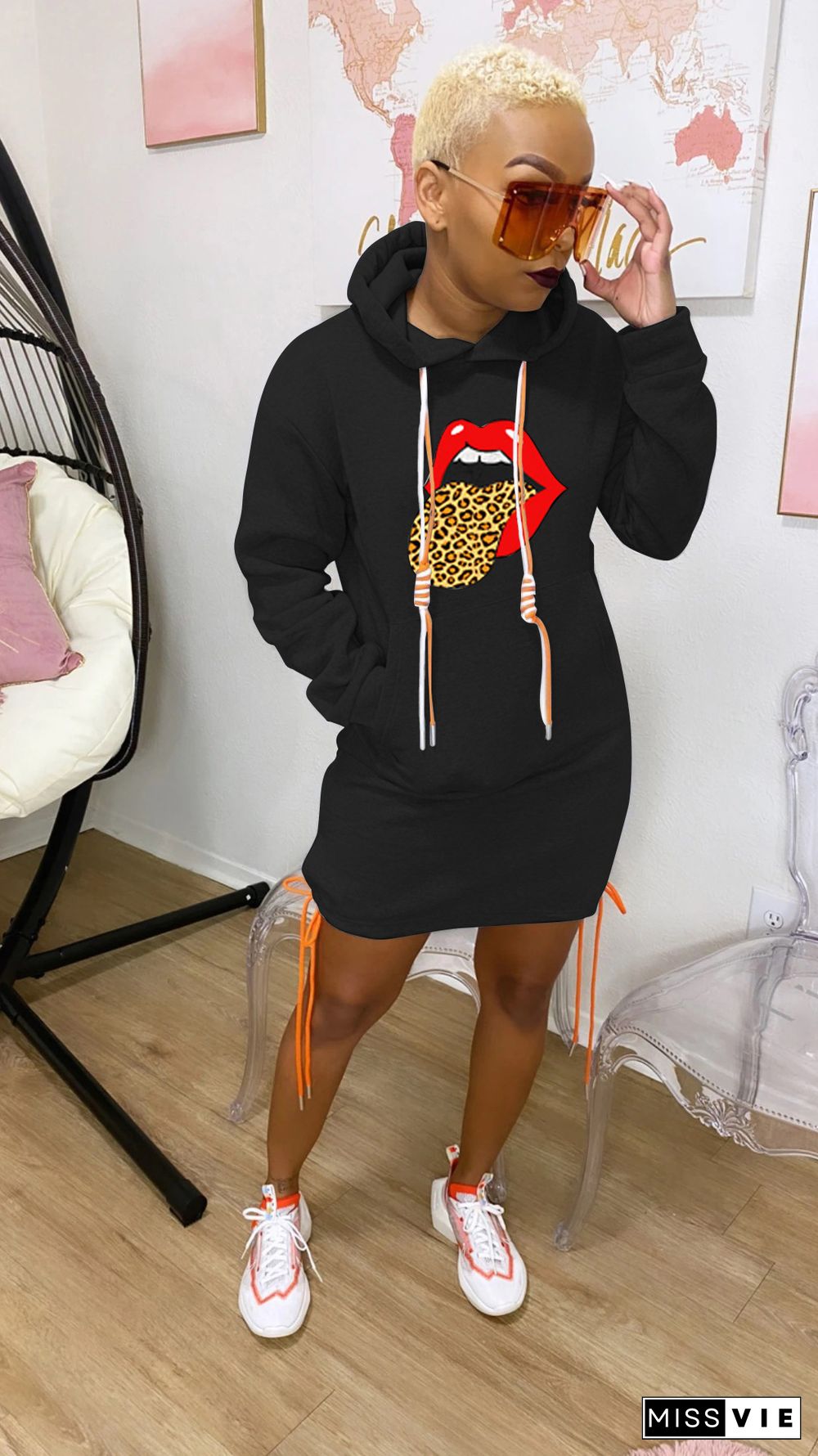 Winter Long Sleeve Print Thickened Irregular Hoodie Dress