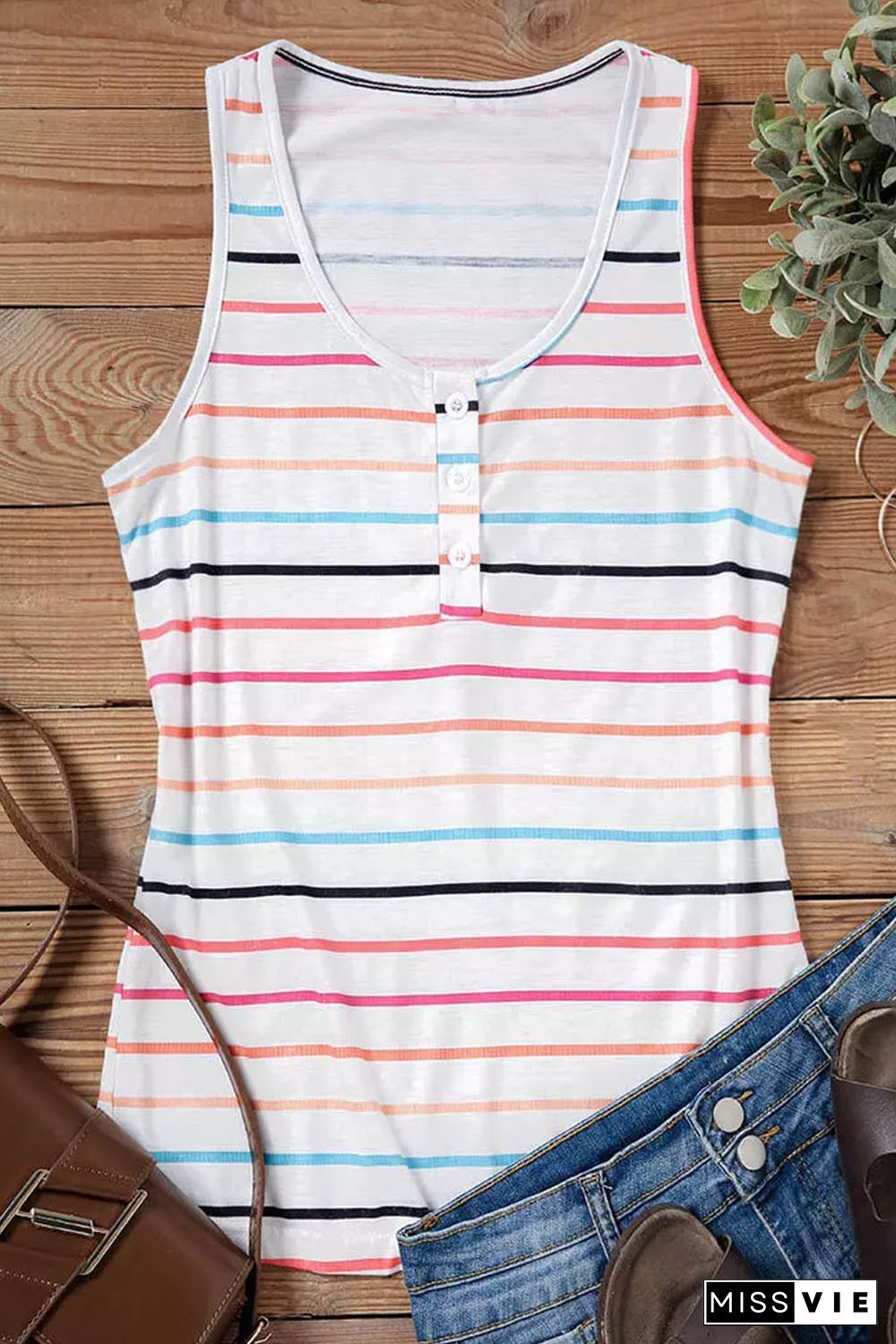 Stripe Button U Neck Tank Top