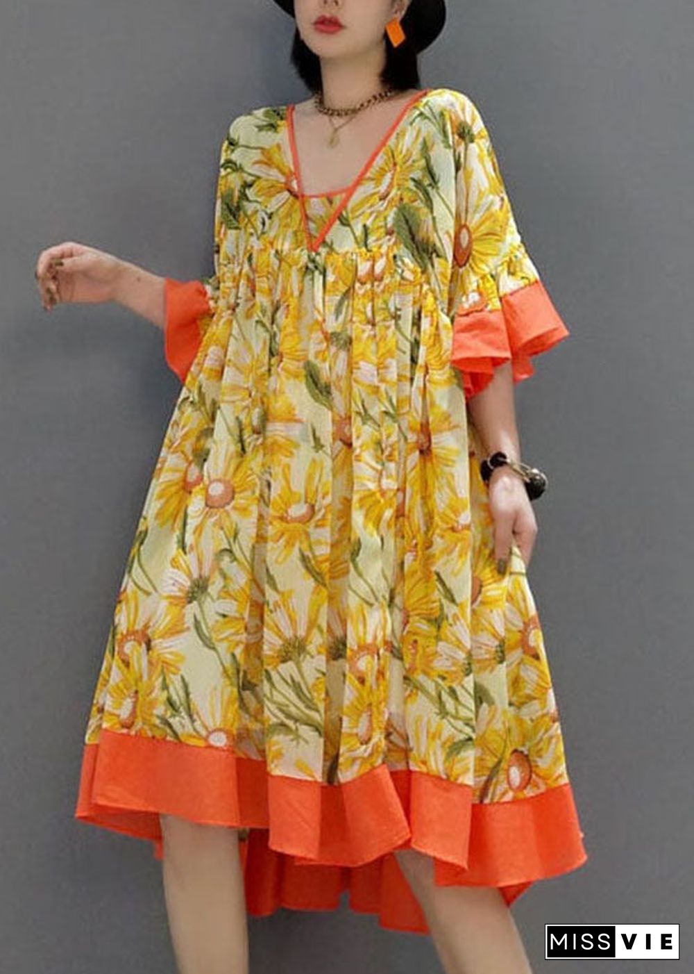 Fashion Orange V Neck wrinkled Print Chiffon Dress flare sleeve