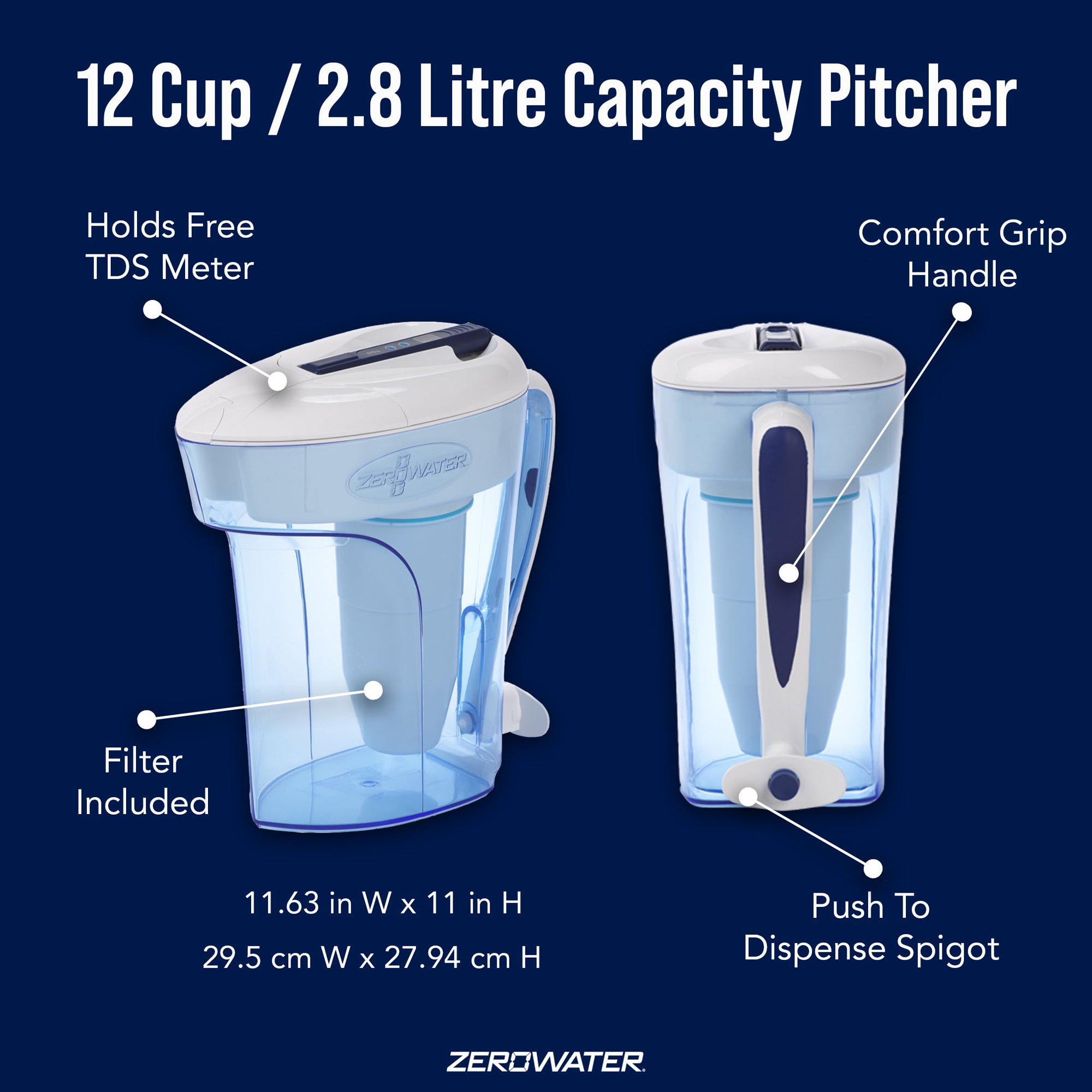 ZeroWater® ZD-012RP 12 Cup Ready-Pour® Filtered Pour-Through Water Pitcher - Blue