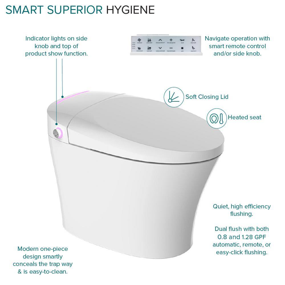 Transolid Rosemary 1-Piece 0.81.28 GPF Dual Flush Elongated Smart Toilet Bidet in White TL-5401-A