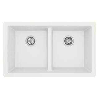 Karran Quartz White 32 in. 5050 Double Bowl Composite Undermount Kitchen Sink QU-810-WH