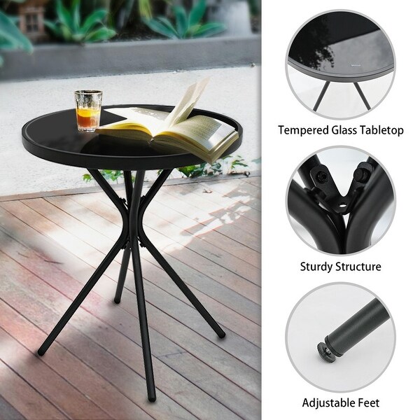 All Weather Outdoor Round Patio Table，Metal Bistro Table with Tempered Glass Tabletop，Compact Powder Coated Side Table，Black