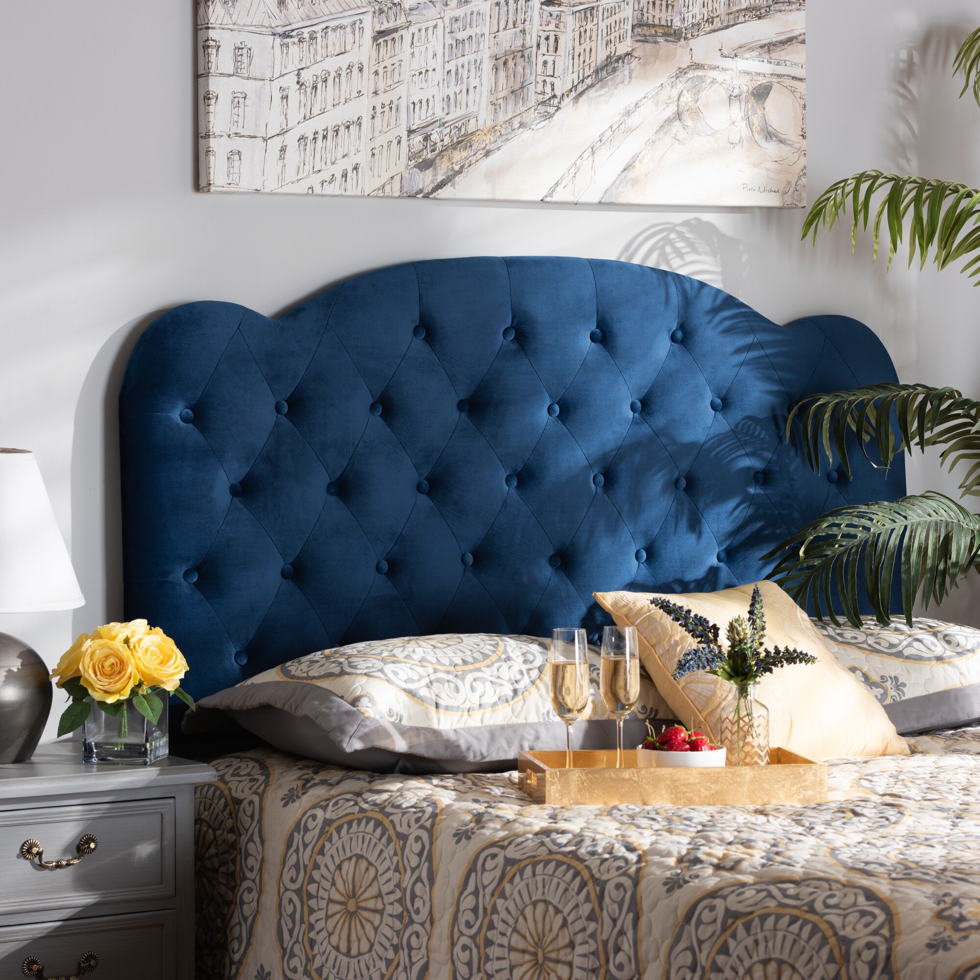 Clovis Modern and Contemporary Velvet Upholstered Headboard-Navy Blue - - 34808095