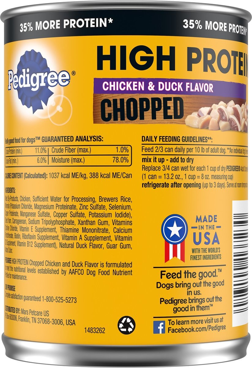 Pedigree High Protein Chicken and Duck Flavor Canned Soft Wet Dog Food， 13.2-oz cans， case of 12