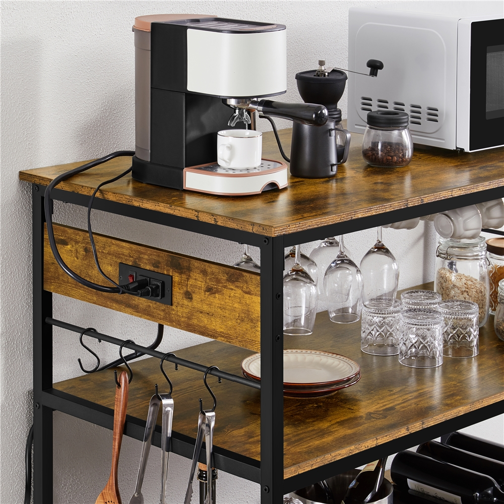 Easyfashion Rolling Kitchen Island with 3 Shelves， Glass Holder and Power Outlets， Rustic Brown