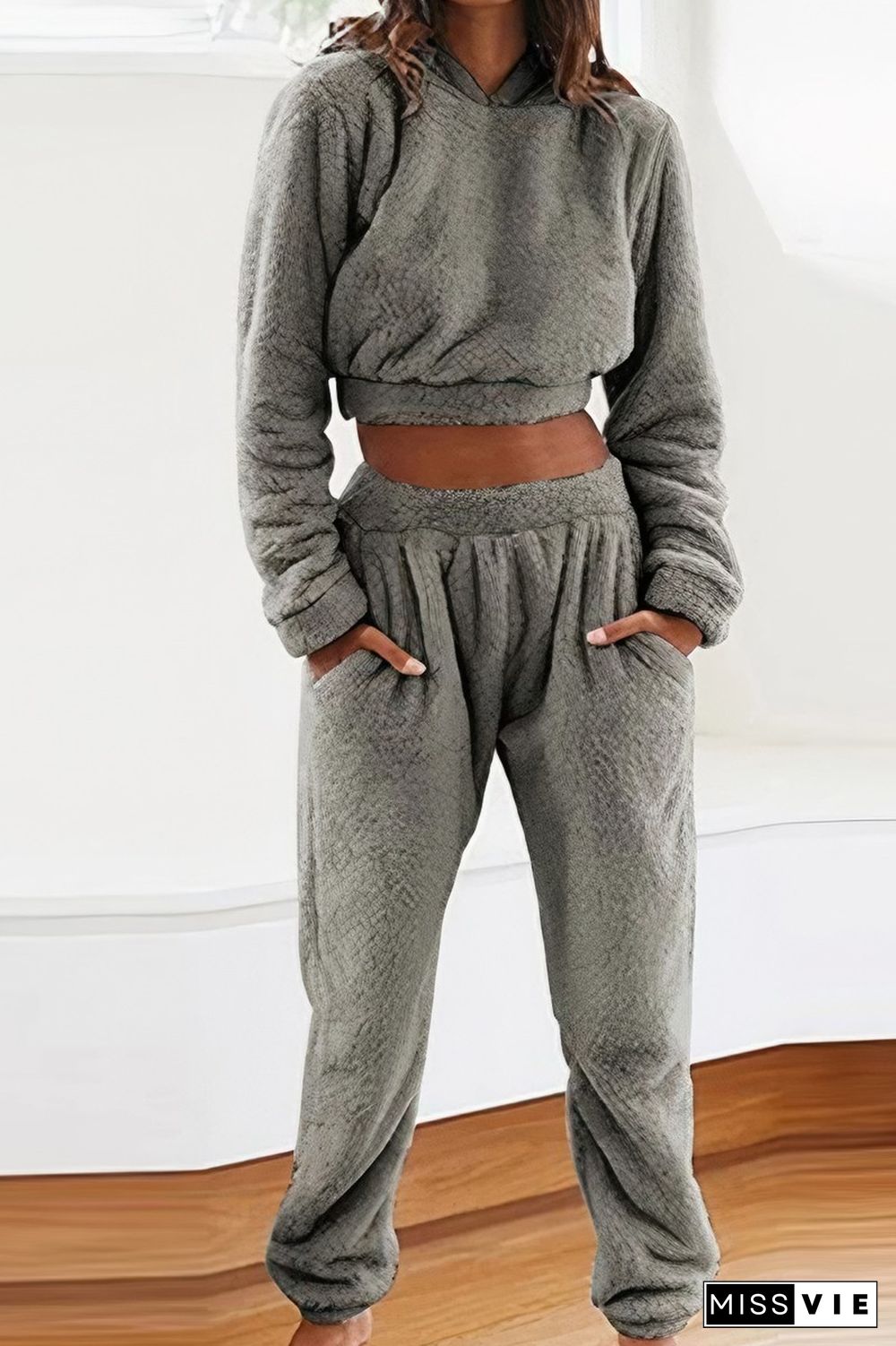 Fuzzy Crop Hoodie & Dual Pocket Pants Set