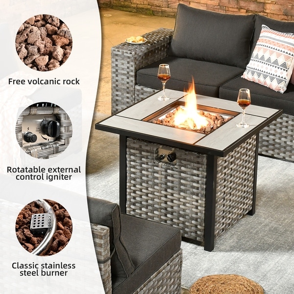 OVIOS Patio Wicker Furniture Wide Arm 7piece Fire Pit Set with Table