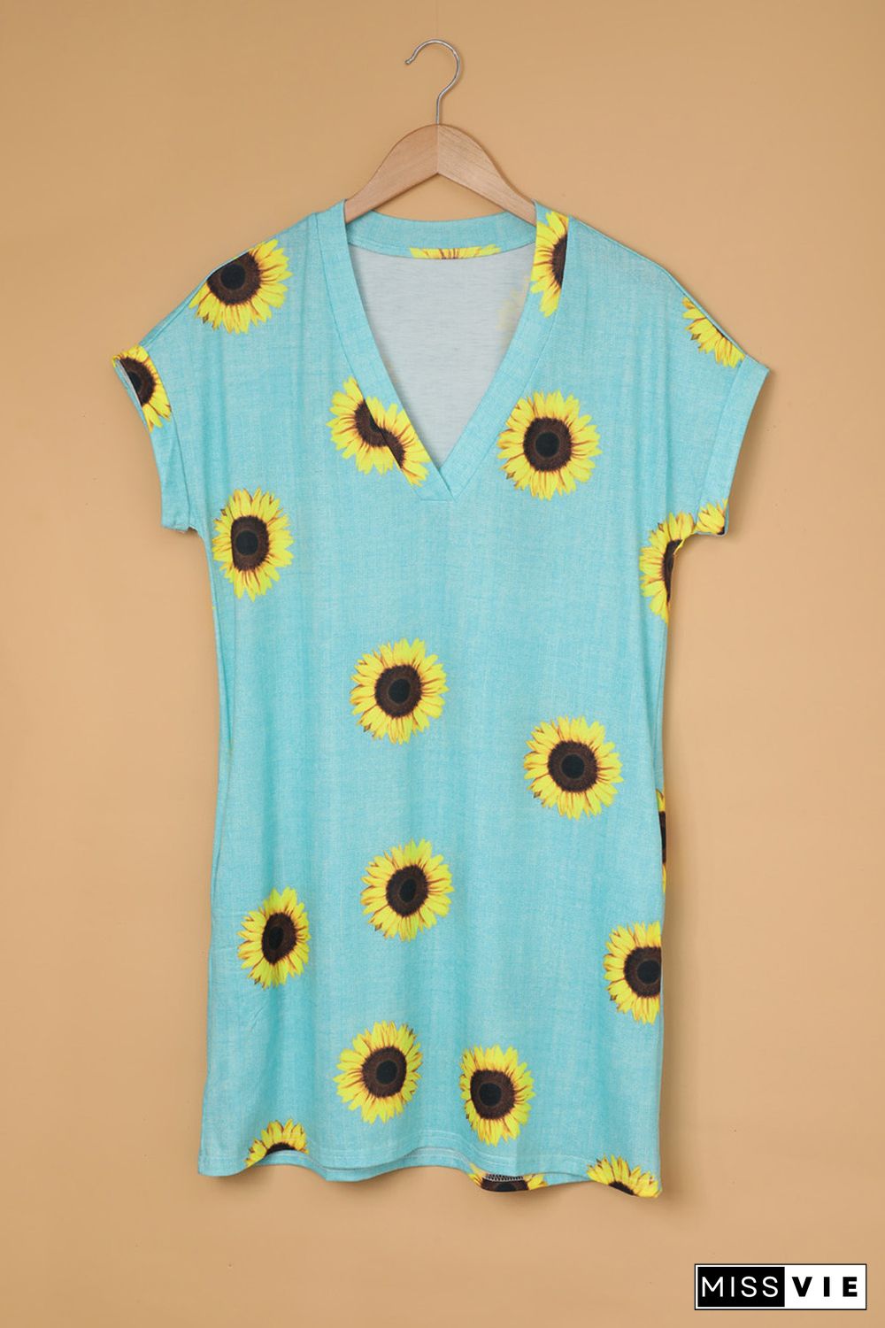 Short Sleeve V Neck Sunflower Print Mini Dress with Pocket