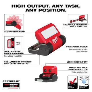 MW 550 Lumens LED REDLITHIUM USB Pivoting Flood Light with Extra USB 3.0 Ah Battery 2114-21-48-11-2131