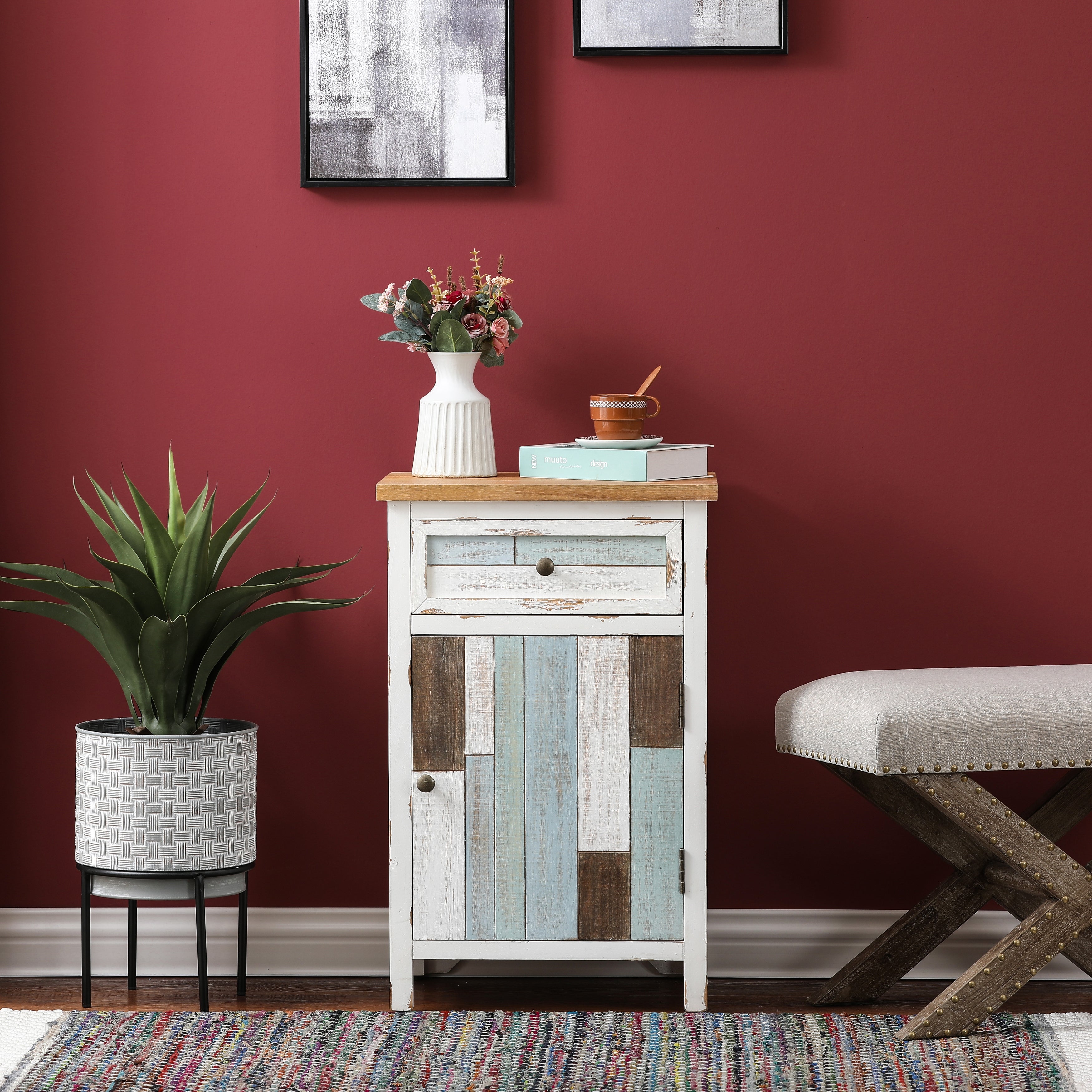 Multi-Color Wood 1-Drawer 1-Door Side Table with Storage - 28.2