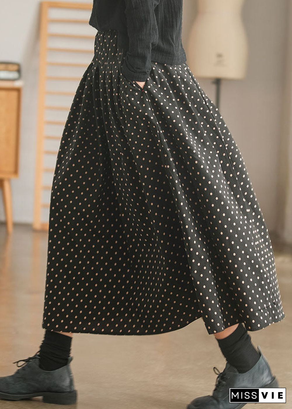 Retro Black elastic waist Pockets dot print Skirt Spring