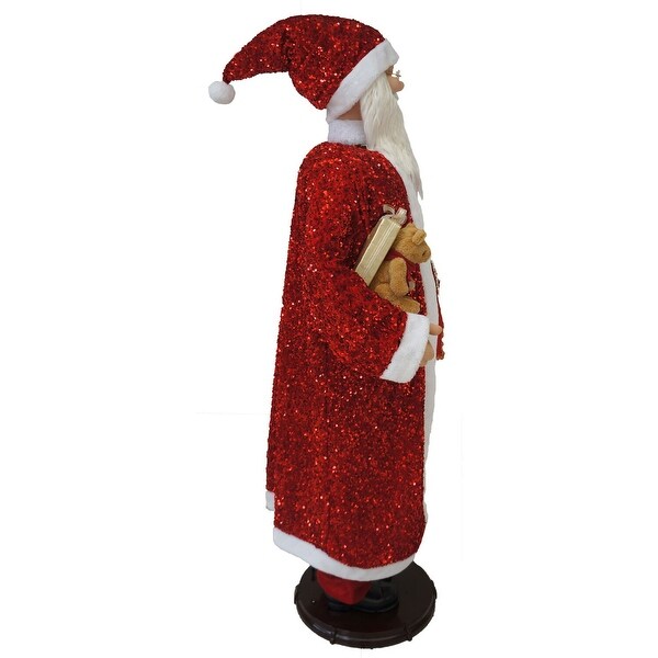 Fraser Hill Farm 58In. Dancing Santa in Red Sequin Suit with Teddy Bear and Wrapped Gifts