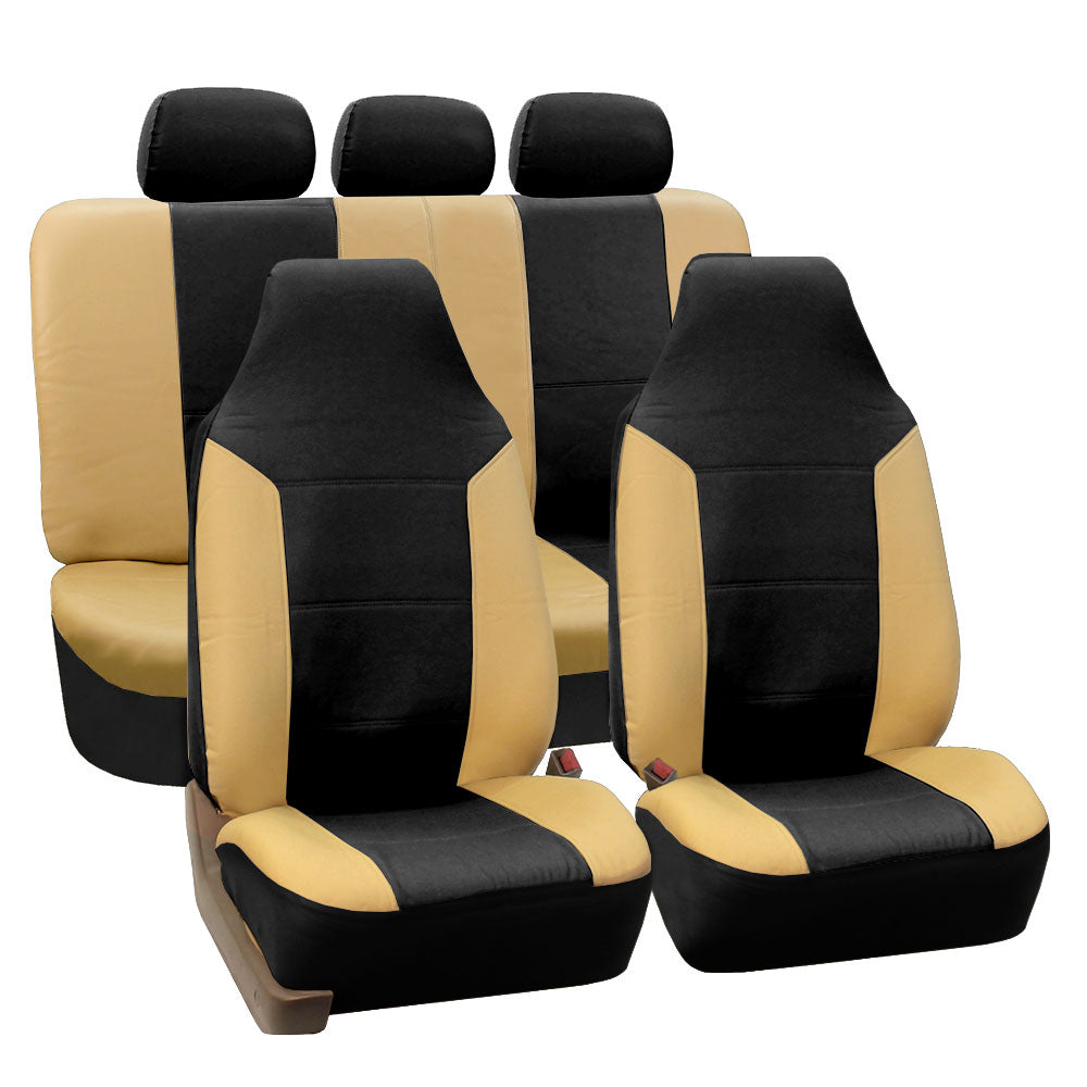 FH Group PU Leather Highback Royal PU Leather Seat Covers， Full Set with Carpet Floor Mats， Tan Black