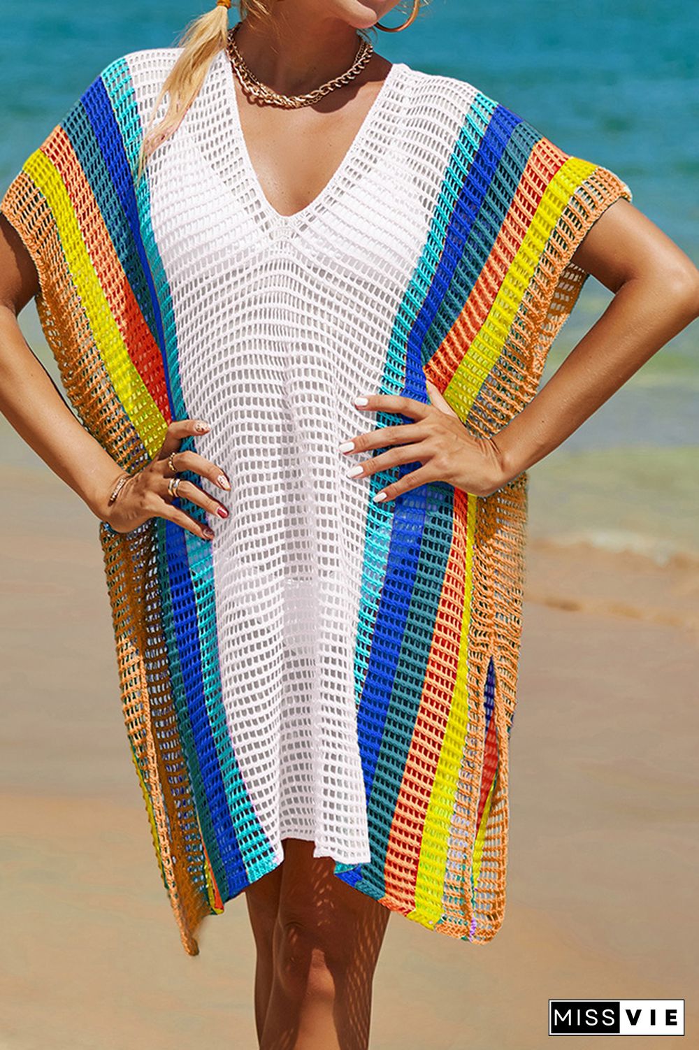 Rainbow Colorblock Splicing Beach Cover Up