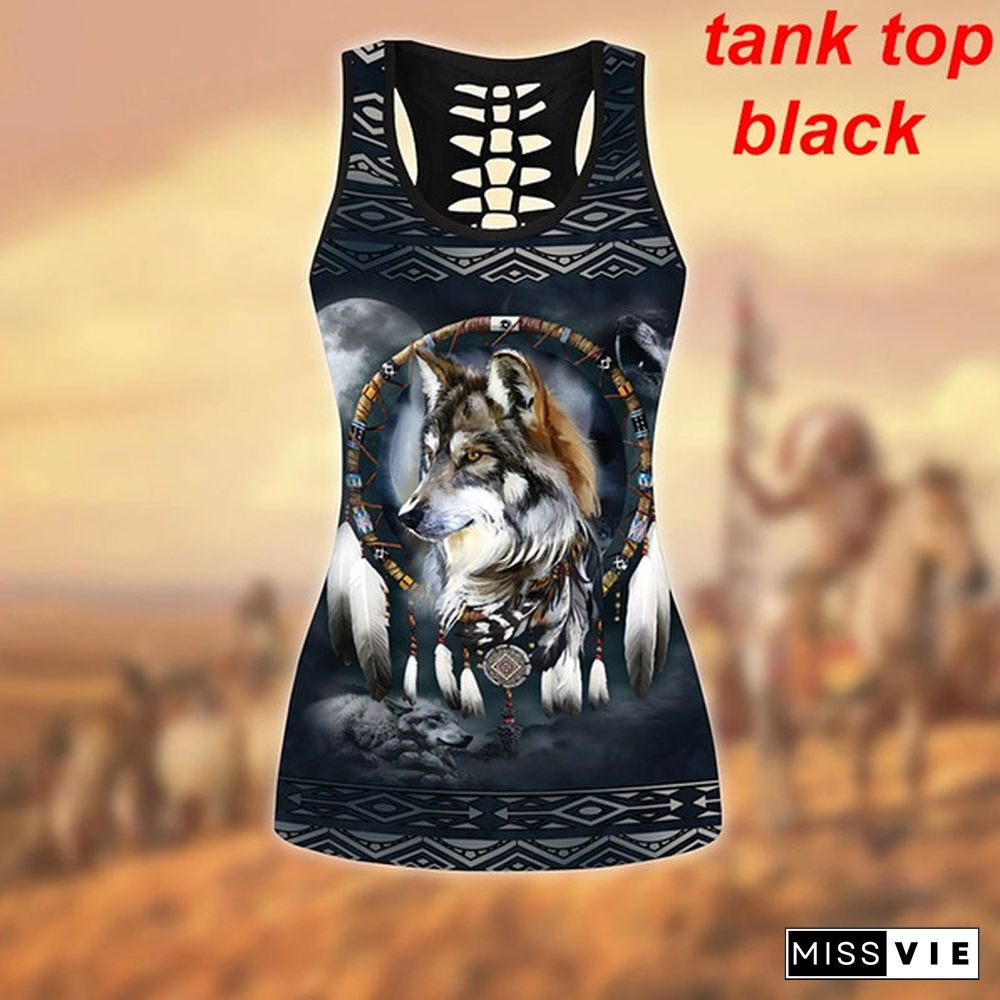 Women Wolf Native American 3D All Over Printed Legging + Hollow Tank Sleeveless Shirt Summer Vest for Women Plus Size Yoga Tank Tops Leggings Suit