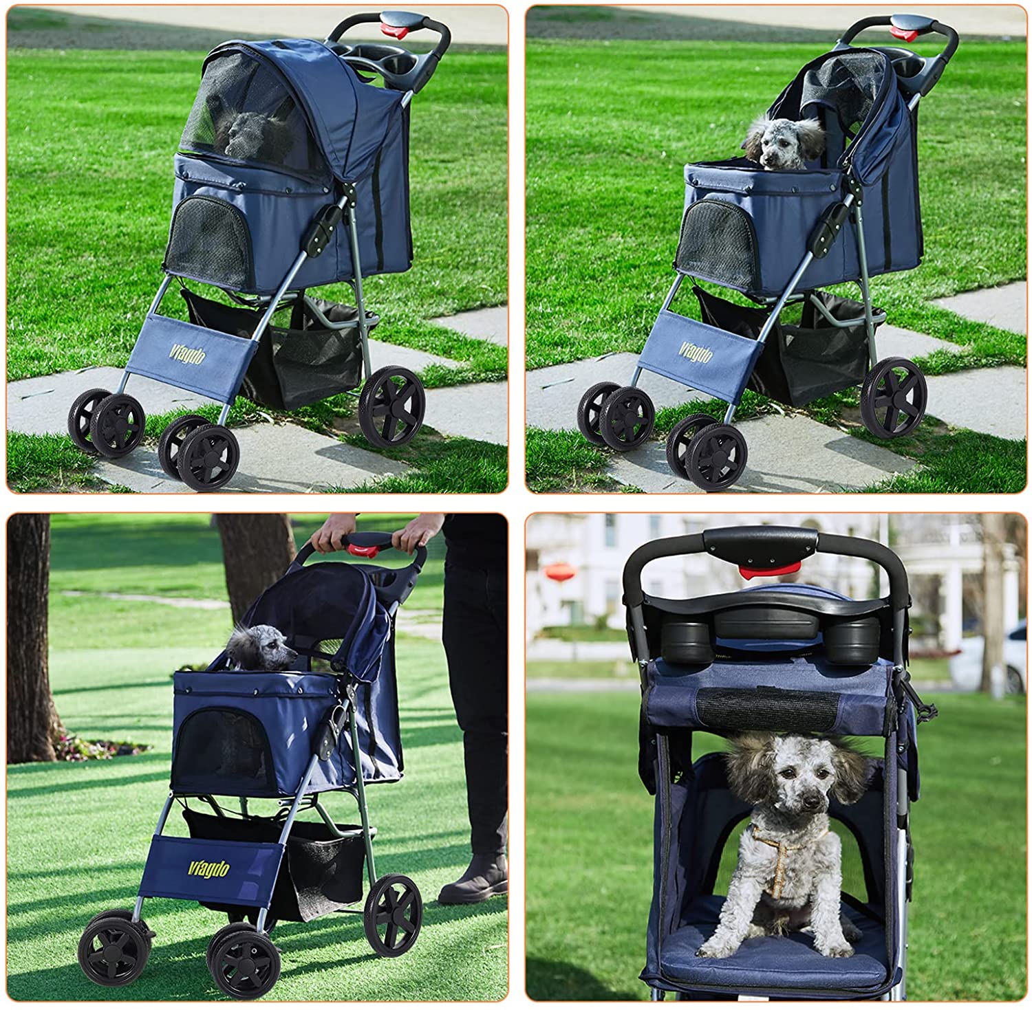 Msmask Foldable Pet Stroller 4 Wheel Cat Dog Travel Carrier with Storage Basket，Dark Blue