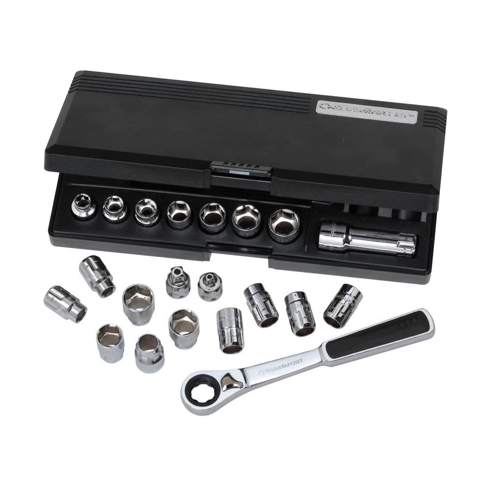 21 Pc 3/8 In. Drive SAE/Metric Pass-Thru GearRatchet Mechanics Tool Set ;