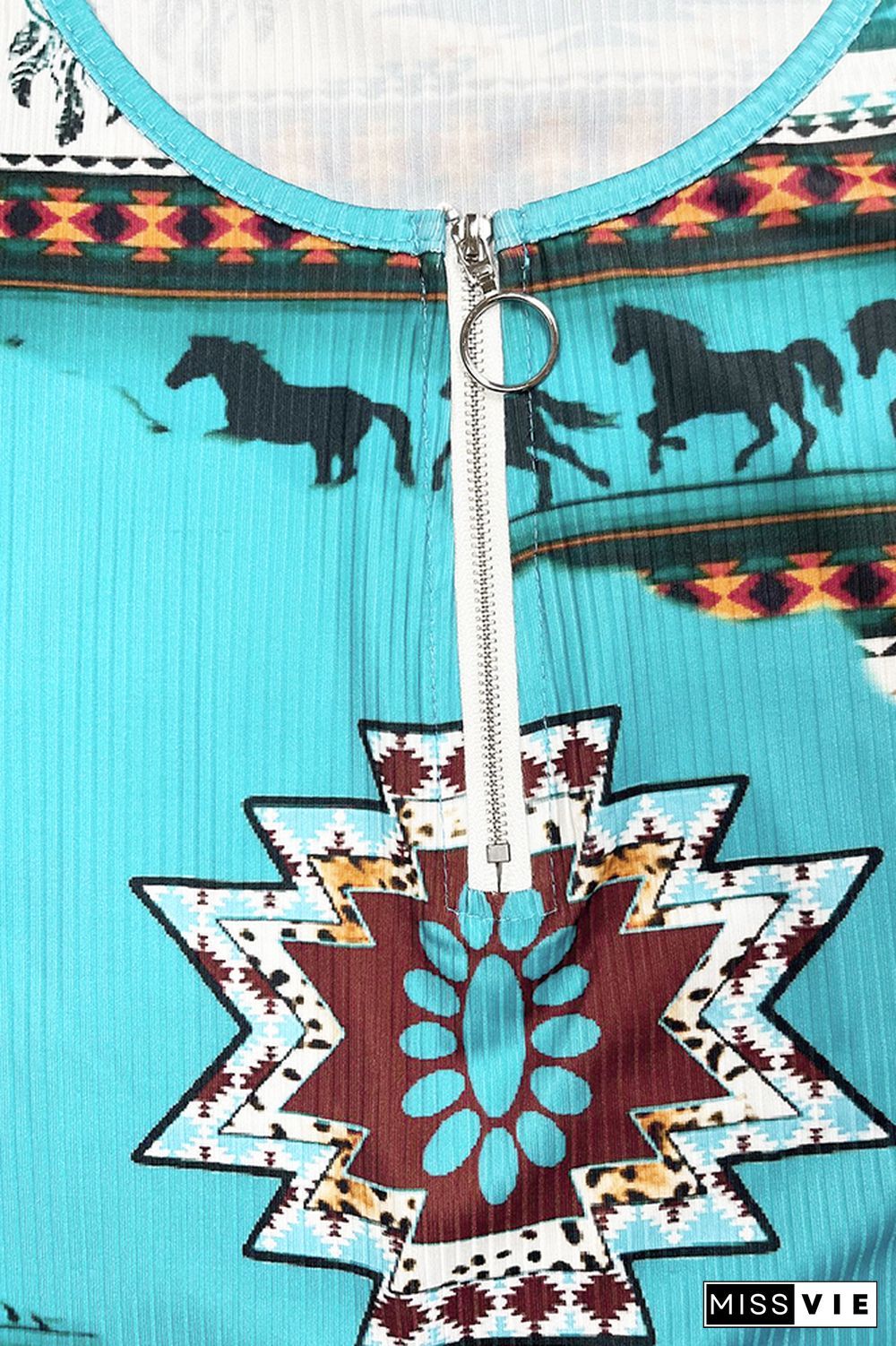 Turquoise Aztec Western Print Zipper Down Tank Top