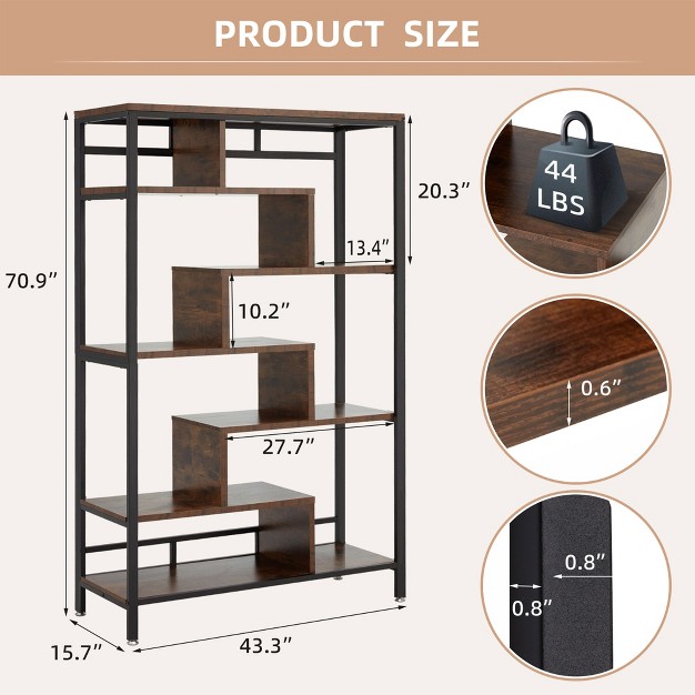 Jomeed 7 Tier Industrial Steel Open Display Asymmetrical Bookshelf Bookcase Organizer Rack For Home Living Room And Office Black brown