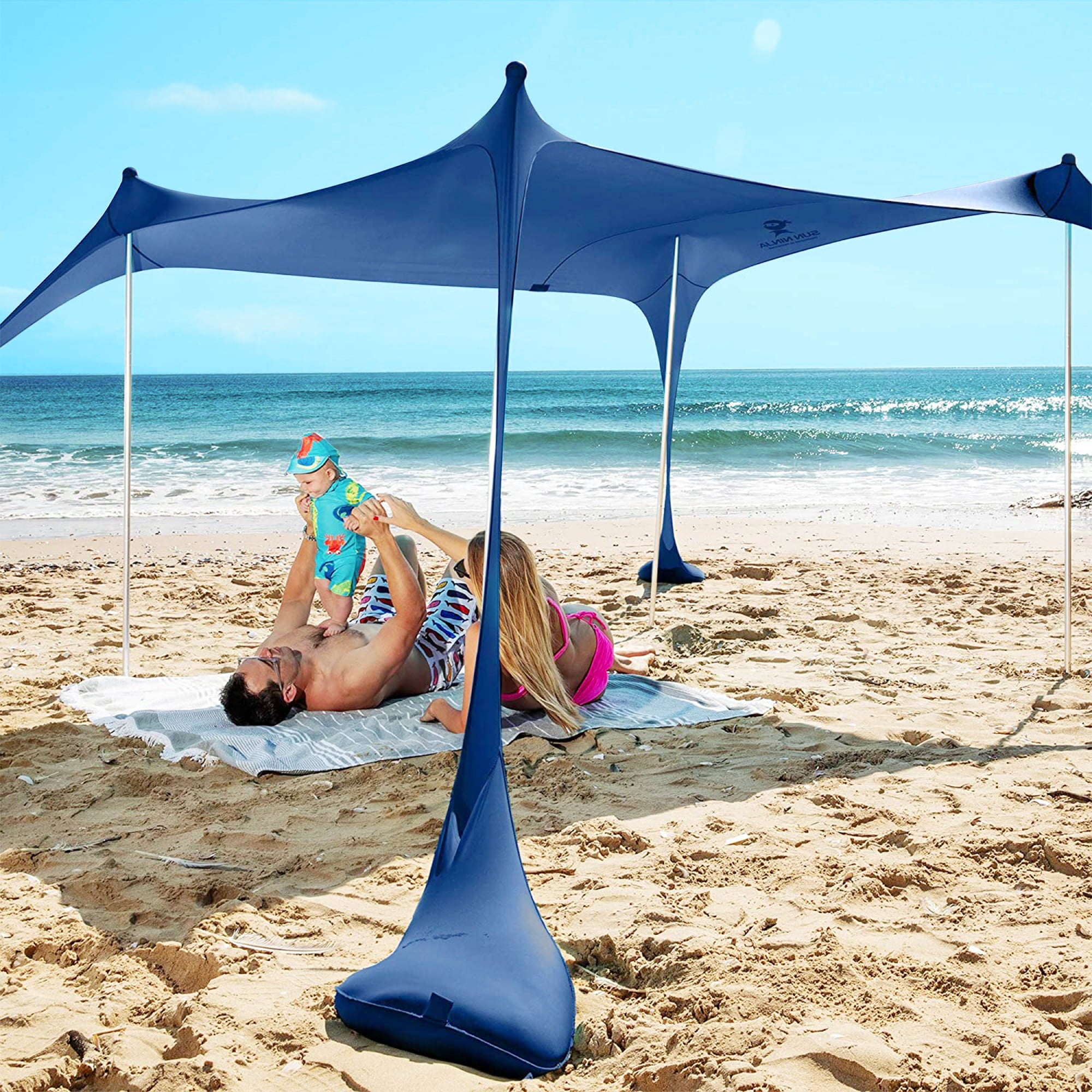 SUN NINJA Pop Up Navy Blue Beach Tent UPF50+ with Shovel， Pegs and Stability Poles