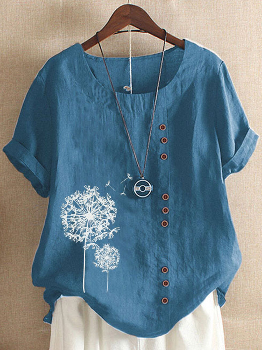 Round Neck Casual Loose Dandelion Print Short Sleeve Blouse