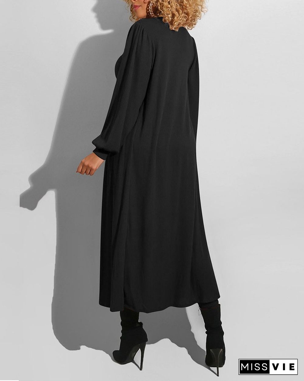 Solid Ribbed Bodice Jumpsuit With Lantern Sleeve Coat