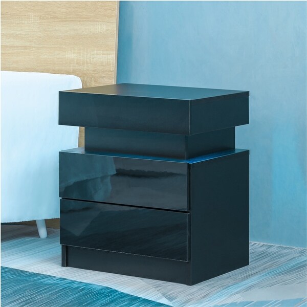 Modern Lift-top LED Nightstand with 2 High Gloss Drawers - - 36679174